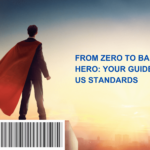 Corporate superhero standing on top of a barcode after learning how to get you GS 1 US barcodes.