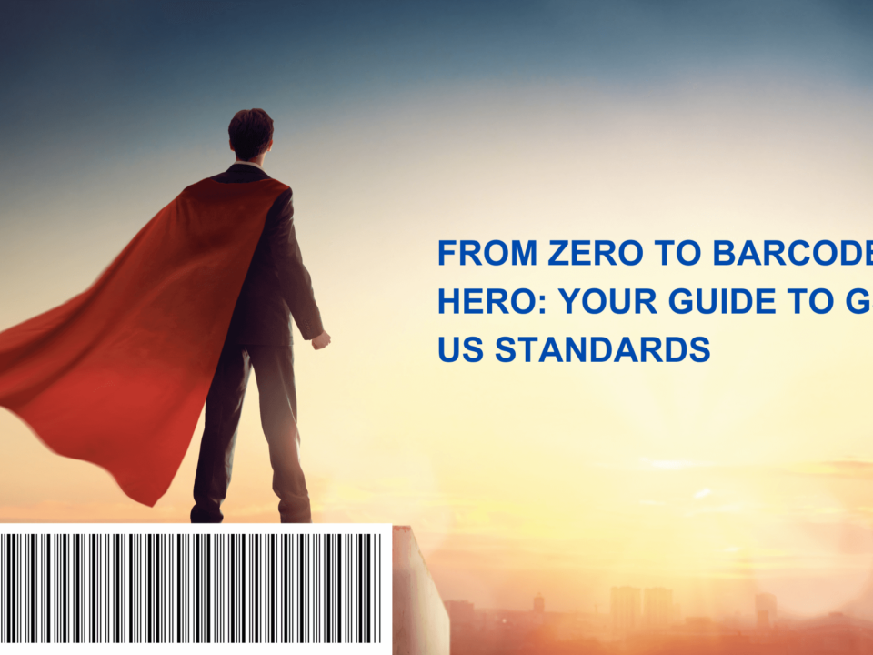 Corporate superhero standing on top of a barcode after learning how to get you GS 1 US barcodes.