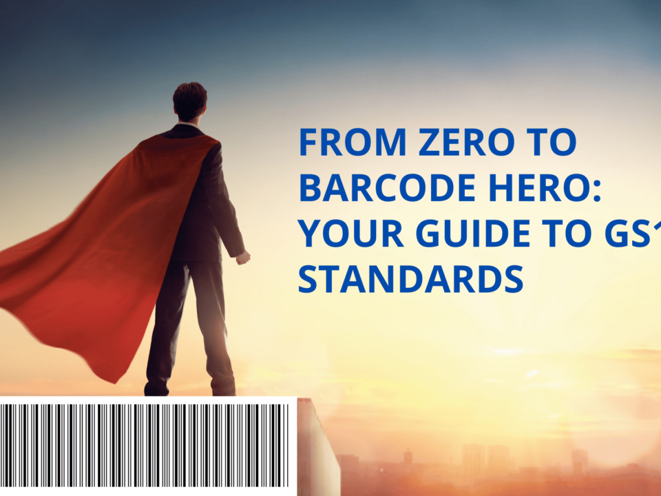 Corporate superhero standing on top of a barcode after learning how to get you gs1 barcodes.