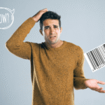 Young man scratching his head against a gray background with question mark bubble and single barcode label thinking - "how do I obtain a barcode for my product."