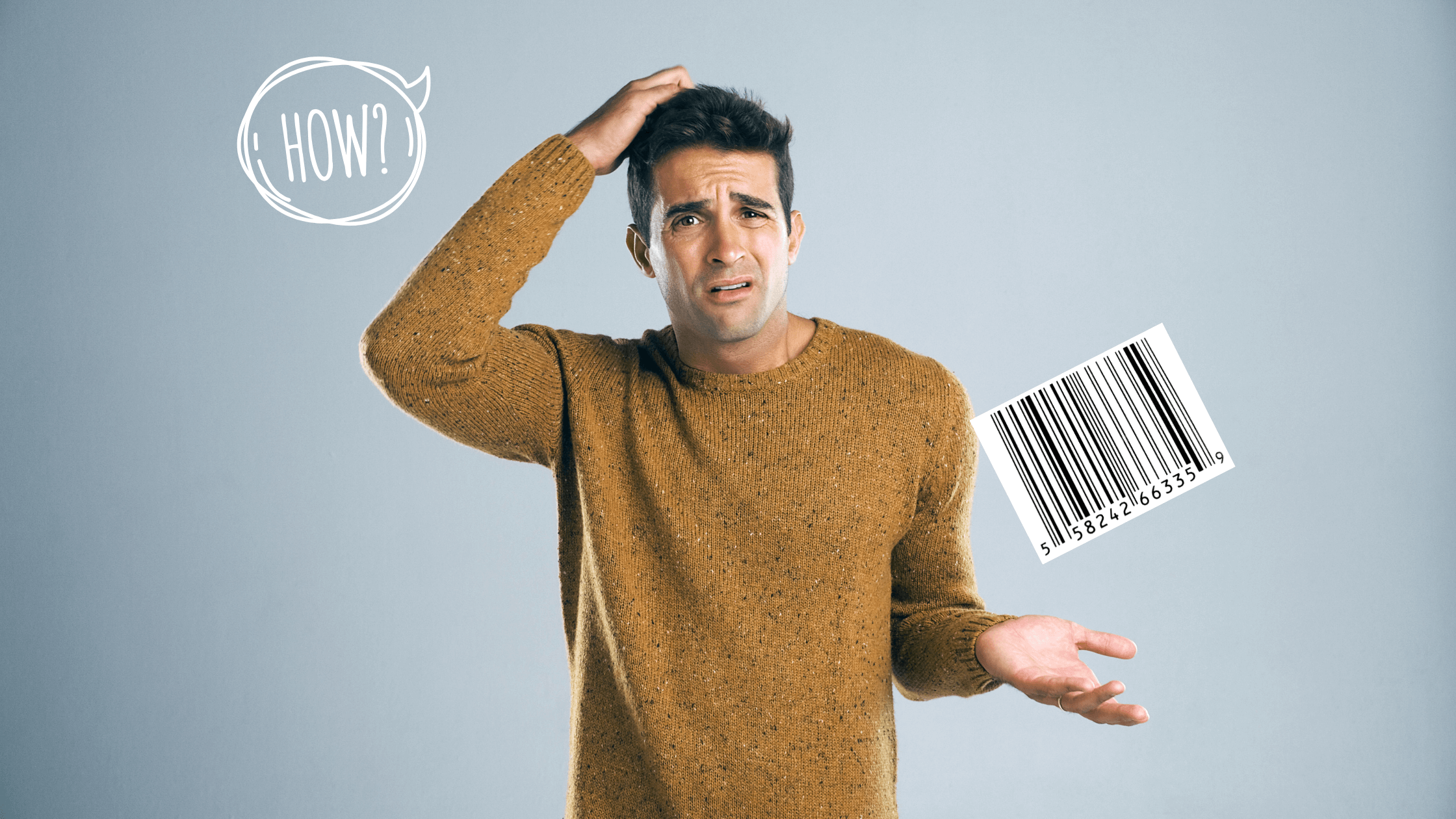 Young man scratching his head against a gray background with question mark bubble and single barcode label thinking - "how do I obtain a barcode for my product."