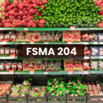 A produce aisle in a grocery store, with shelves stocked with various fruits and vegetables like peppers, tomatoes, avocados, mushrooms, onions, and leafy greens, with a title at the center that reads "FSMA 204."