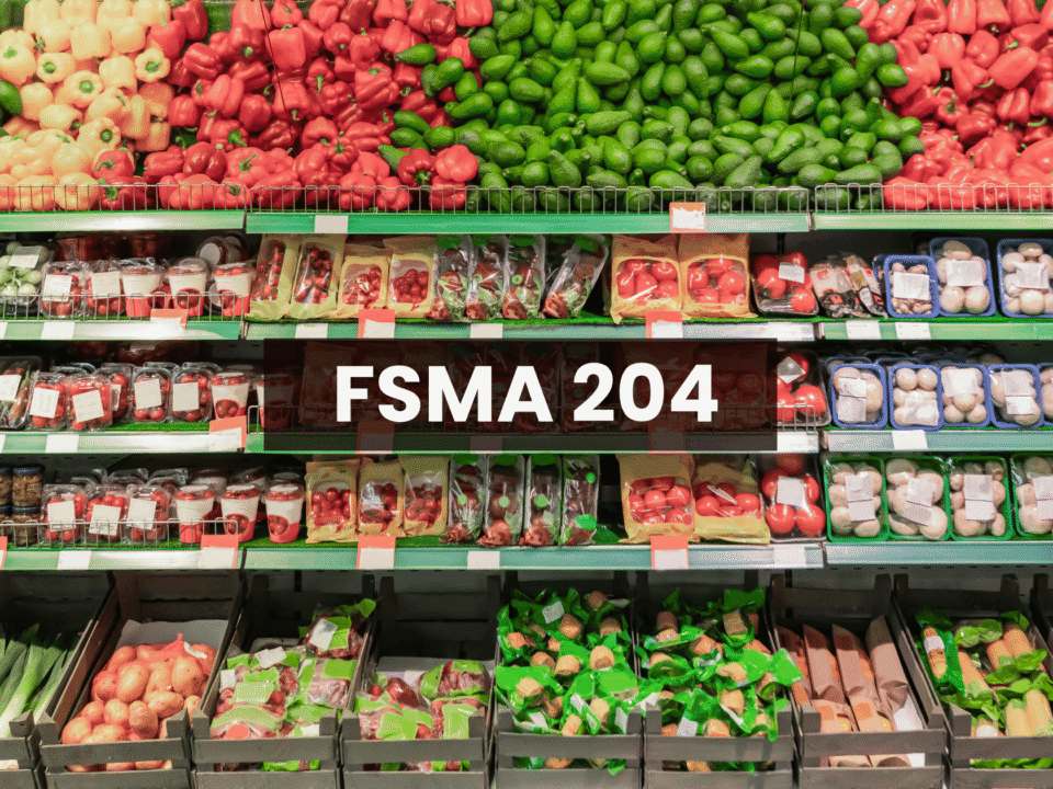A produce aisle in a grocery store, with shelves stocked with various fruits and vegetables like peppers, tomatoes, avocados, mushrooms, onions, and leafy greens, with a title at the center that reads "FSMA 204."
