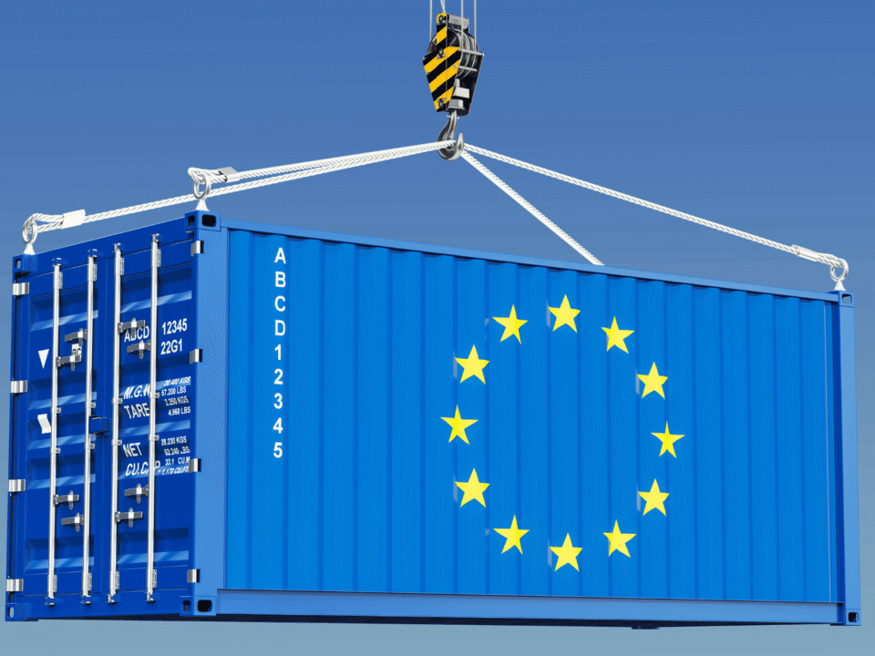 A blue shipping container with the European Union flag displayed on its side is being lifted by a crane against a clear blue sky as the main image, which emphasizes Digital Product Passport Requirements for US Exporters.
