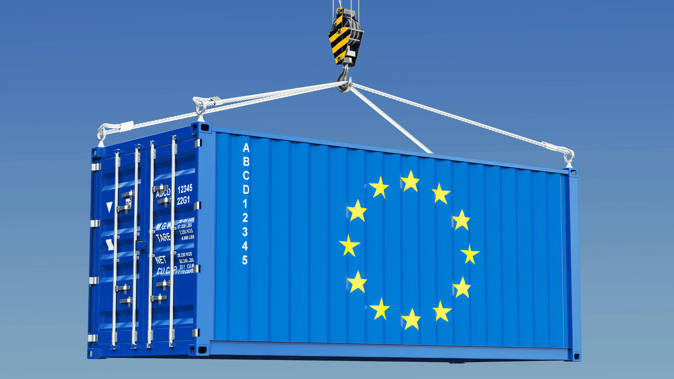 A blue shipping container with the European Union flag displayed on its side is being lifted by a crane against a clear blue sky as the main image, which emphasizes Digital Product Passport Requirements for US Exporters.