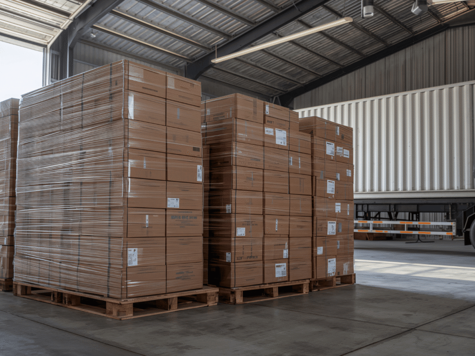 Stacks of cardboard boxes wrapped in plastic sit on pallets inside a warehouse, with a large shipping container and truck visible in the background for linerless labels benefits in logistics.
