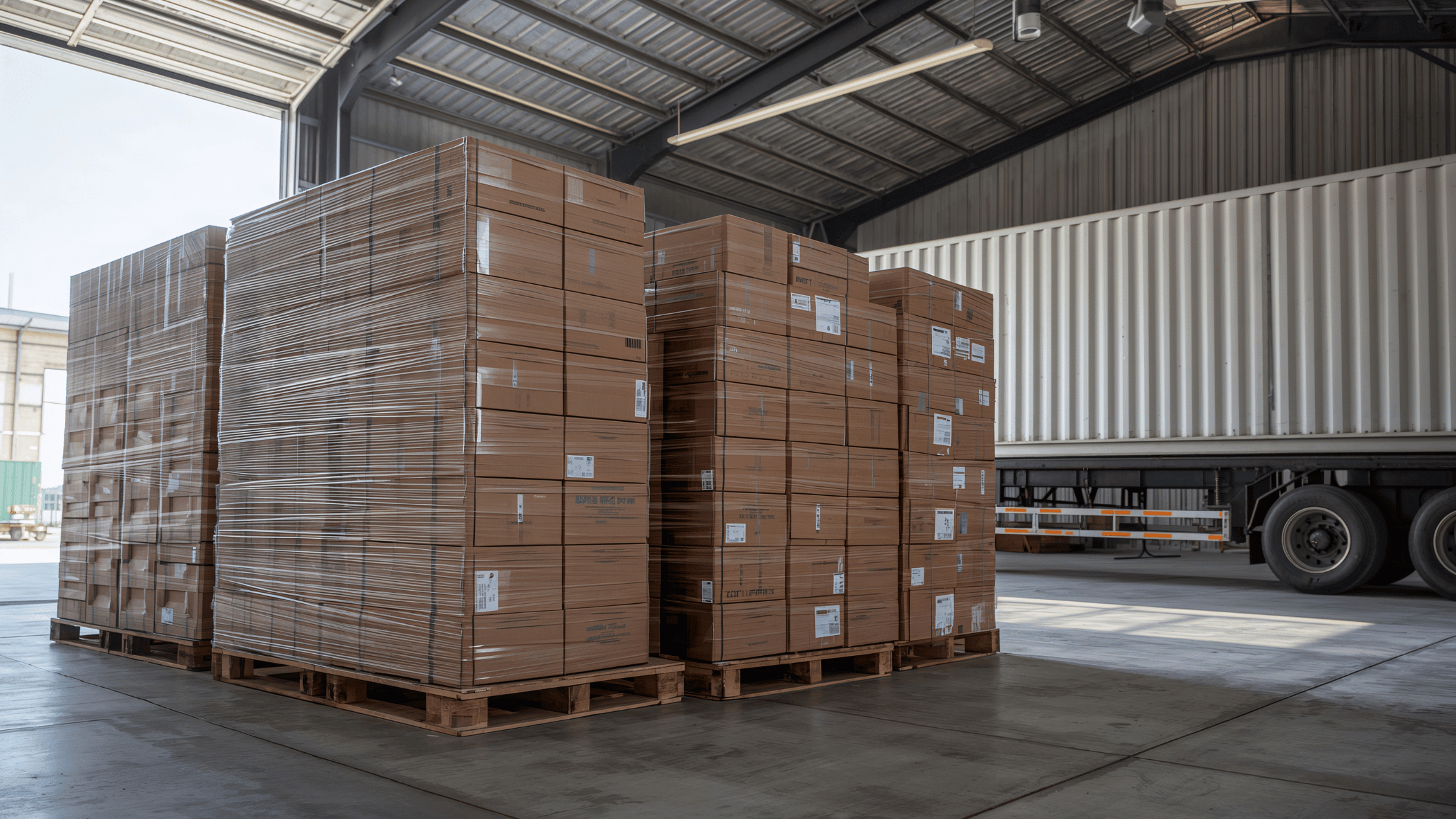 Stacks of cardboard boxes wrapped in plastic sit on pallets inside a warehouse, with a large shipping container and truck visible in the background for linerless labels benefits in logistics.