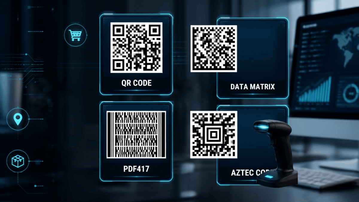 A 2x2 grid infographic displaying common 2D barcodes—including QR Code, Data Matrix, PDF417, and Aztec Code—illustrating the shift toward 2D barcode scanning for GS1 Sunrise 2027.