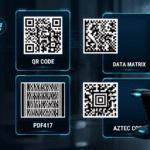 A 2x2 grid infographic displaying common 2D barcodes—including QR Code, Data Matrix, PDF417, and Aztec Code—illustrating the shift toward 2D barcode scanning for GS1 Sunrise 2027.