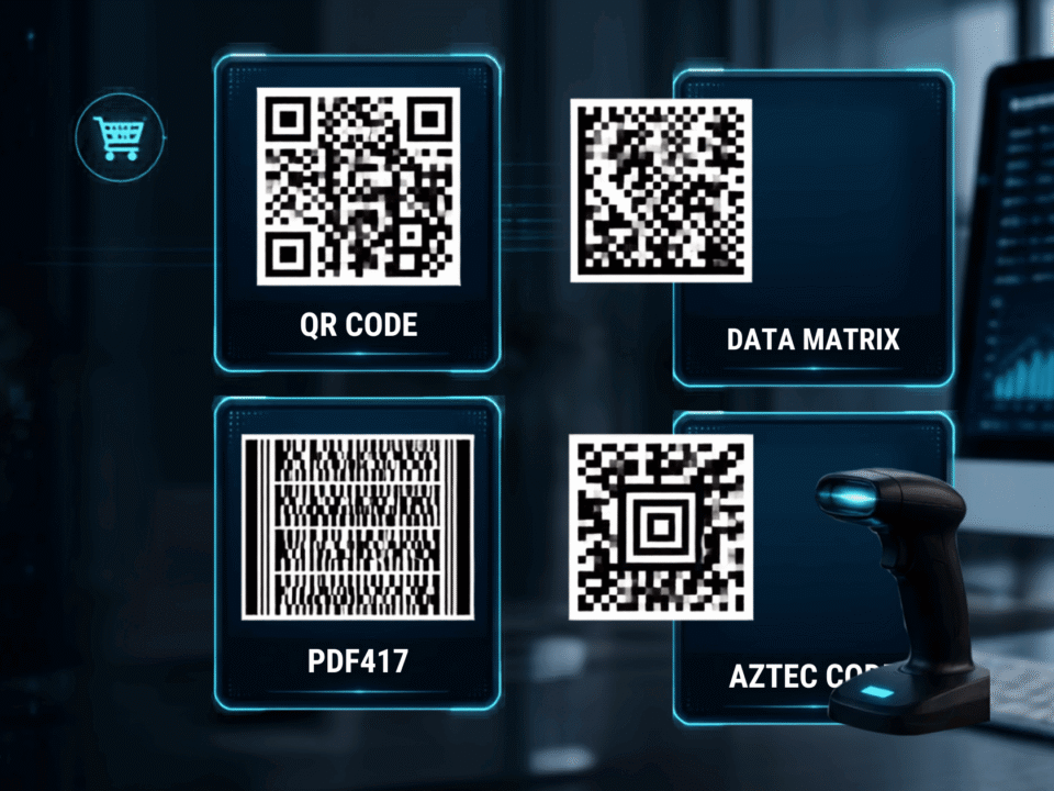 A 2x2 grid infographic displaying common 2D barcodes—including QR Code, Data Matrix, PDF417, and Aztec Code—illustrating the shift toward 2D barcode scanning for GS1 Sunrise 2027.