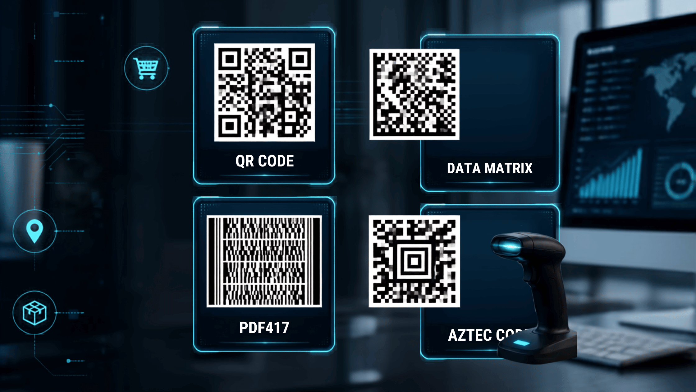 A 2x2 grid infographic displaying common 2D barcodes—including QR Code, Data Matrix, PDF417, and Aztec Code—illustrating the shift toward 2D barcode scanning for GS1 Sunrise 2027.