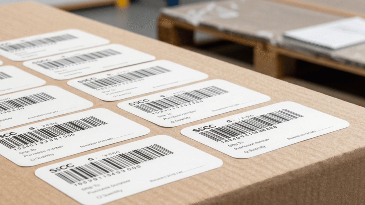 Multiple SSCC labels with dense black text laid out on a wooden table, with more documents stacked in the background.