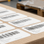 Multiple SSCC labels with dense black text laid out on a wooden table, with more documents stacked in the background.