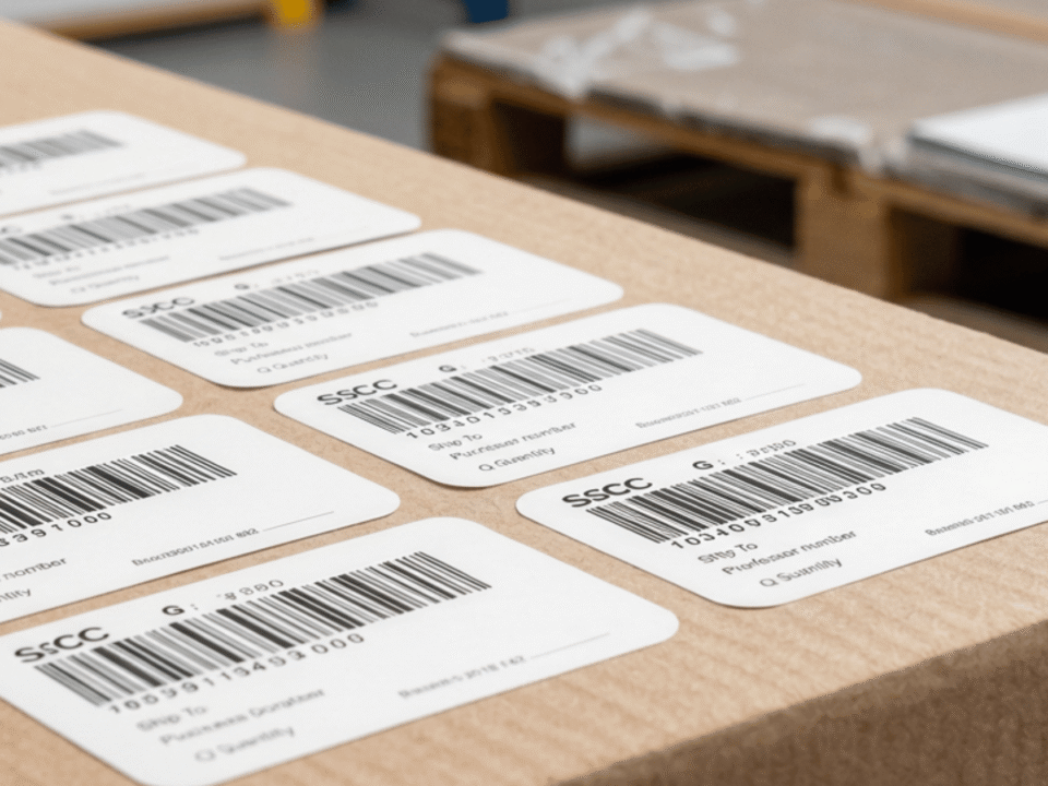 Multiple SSCC labels with dense black text laid out on a wooden table, with more documents stacked in the background.